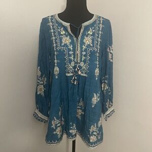 SOFT SURROUNDINGS Placida Tunic Top Womens Sz PS Teal Floral Beaded Sequins Boho